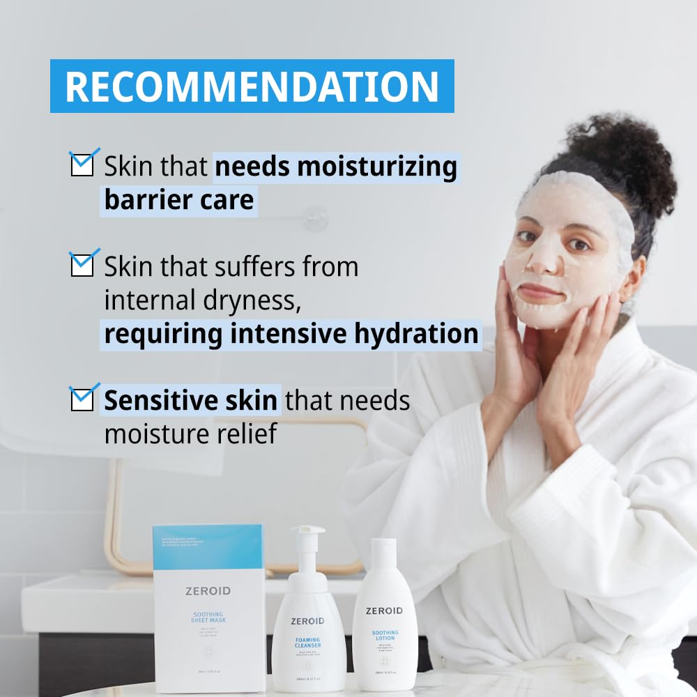 Zeroid Soothing Sheet Mask for Sensitive Dry Skin - Hydrating Korean Face Mask with Hyaluronic Acid & Ceramide | 5 Pure Cotton Sheets