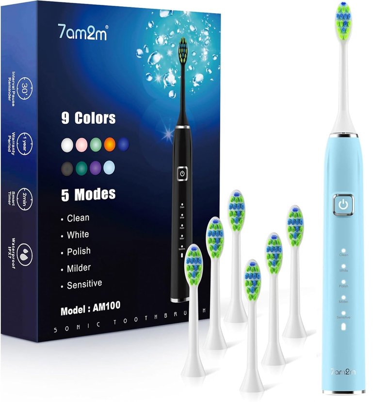 7AM2M Ultrasonic Electric Toothbrush with 6 Brush Heads for Adults&Kids, One Charge for 120 Days, USB-C Charge, 5 Modes, 40000VPM Powered Toothbrush, 2 Minutes Built in Smart Timer (Light Blue)