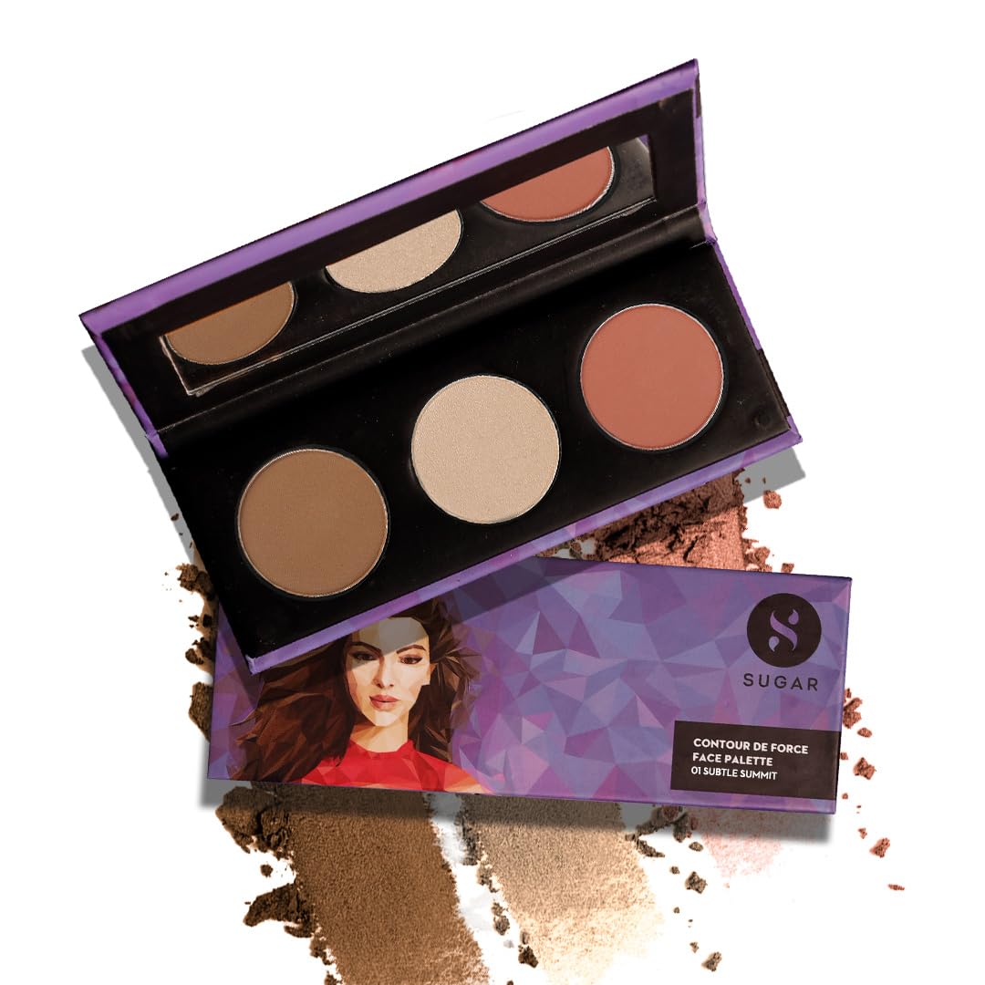 SUGAR Cosmetics Contour De Force Face Palette for Makeup Includes Matte Bronzer, Highlighter & Blush Makeup Palette with Built-in Mirror - 2 g (Pack of 1) 01 Subtle Summit - Face Pallete