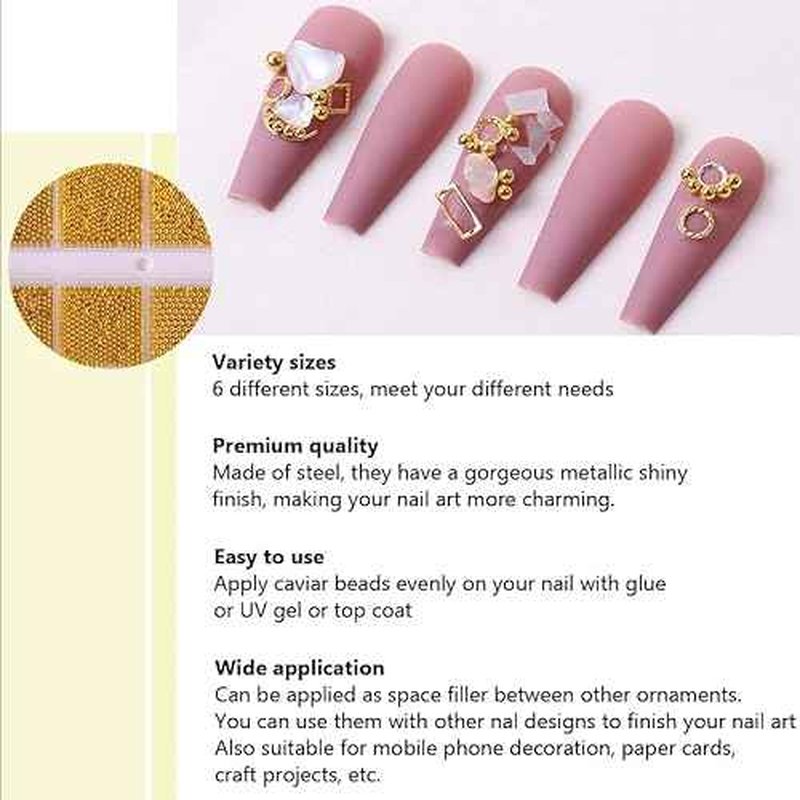 0.8mm Gold Nail Charms Caviar Beads for Nails 6 Sizes Mini Small Stainless Steel Beads Nails Art Decorations Gun Grey DIY Tool Nail Studs Accessories Gold Charms for Nails (Light Gold)