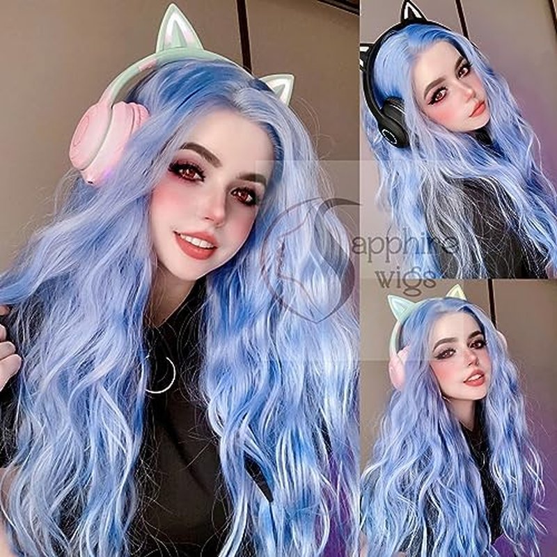 SAPPHIREWIGS Blue Wavy 13¡¿4 Lace Front Wig Long Hair Ice Blue Wigs for Women Heat Resistant Hair Daily Use Cosplay Party Halloween Wig 24inch