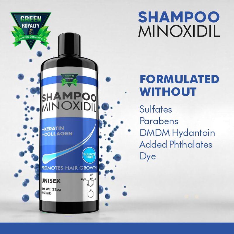 GREEN ROYALTY Minoxidil Shampoo – Sulfate-Free with Keratin & Collagen – Deep Cleansing & Nourishing Formula for Fuller, Thicker-Looking Hair – Unisex – 32oz (950ml)