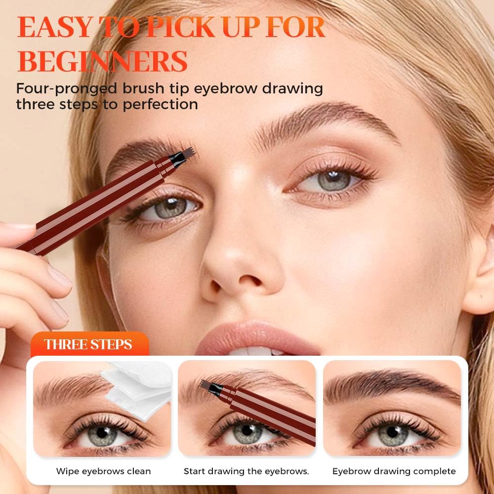 2Pcs Eyebrow Pencil, Upgrade 3D Magic Eyebrow Tattoo Pencils 4 Tip Eye Brow Pen, Long-Lasting Fine Stroke Microblade Eyebrow Pencil for Makeup Last All Day (Black)