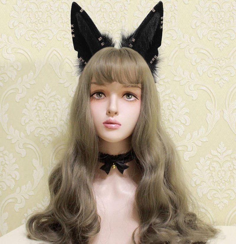 Fxaelian Cosplay Fox Wolf Cat Dog Ears Headband Hairband Hair Hoop Halloween Costume Party Headpiece Headwear Hair Accessories for Women Men Black
