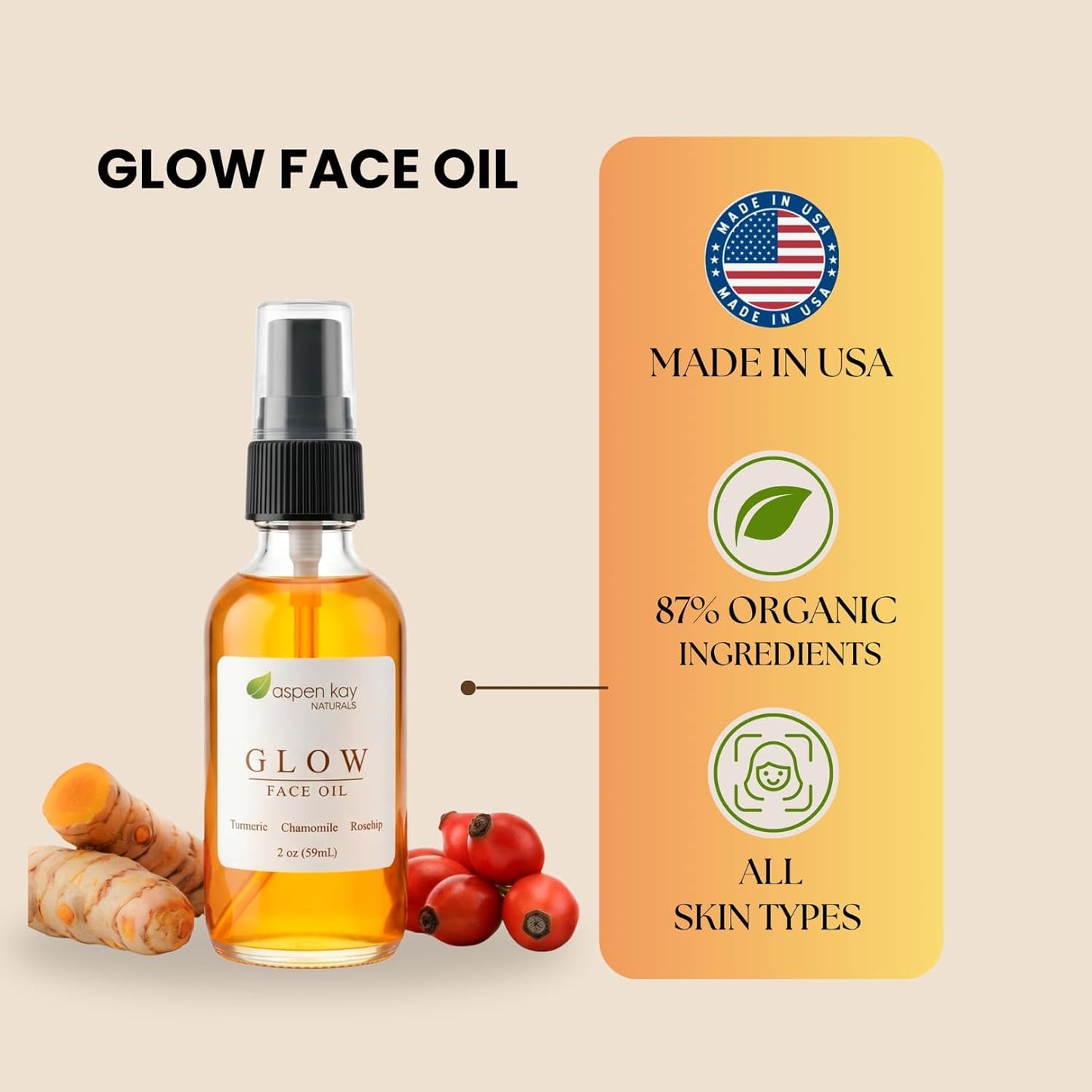 Aspen Kay Naturals Glow - Turmeric & Rosehip Face Oil | Organic Moisturizer & Serum - 2 oz