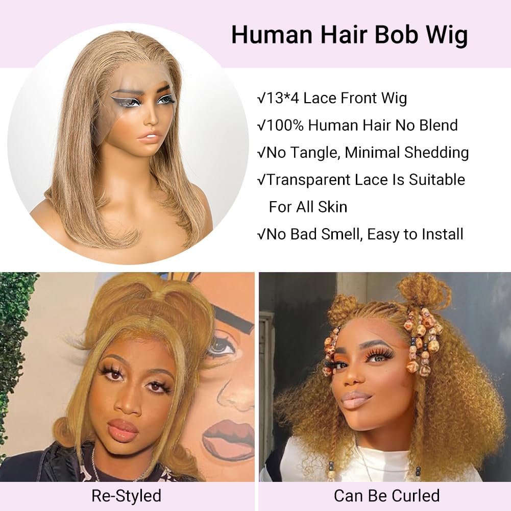 SUPERNOVA #27 Honey Blonde Short Bob Wig Human Hair Straight 13 * 4 Lace Front Wigs For Black Women Pre Plucked Pre Cut Human Hair Bob Wig With Baby Hair 200 Density 8 Inch