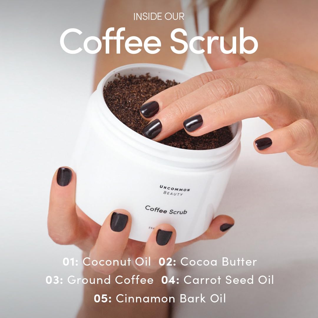 Uncommon Beauty Coffee Scrub - Exfoliating and Hydrating Body Scrub - Dry Scrub with Coconut Oil and Cocoa Butter - All Skin Types, Vegan, Cruelty Free, Synthetic Fragrance Free, 9 OZ