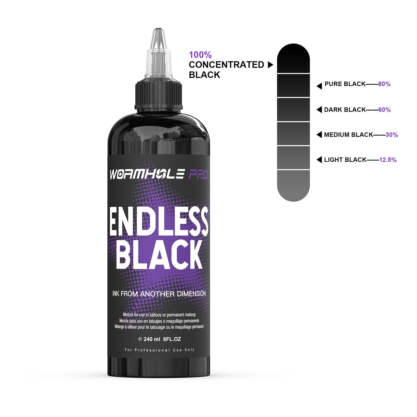 WORMHOLEPRO Endless Black 240ml (8oz) Professional Tattoo Ink, Ultra-Deep Black Ink for Shading, Linework & Blackout Tattoos – High-Density, Vegan – Bulk Tattoo Ink