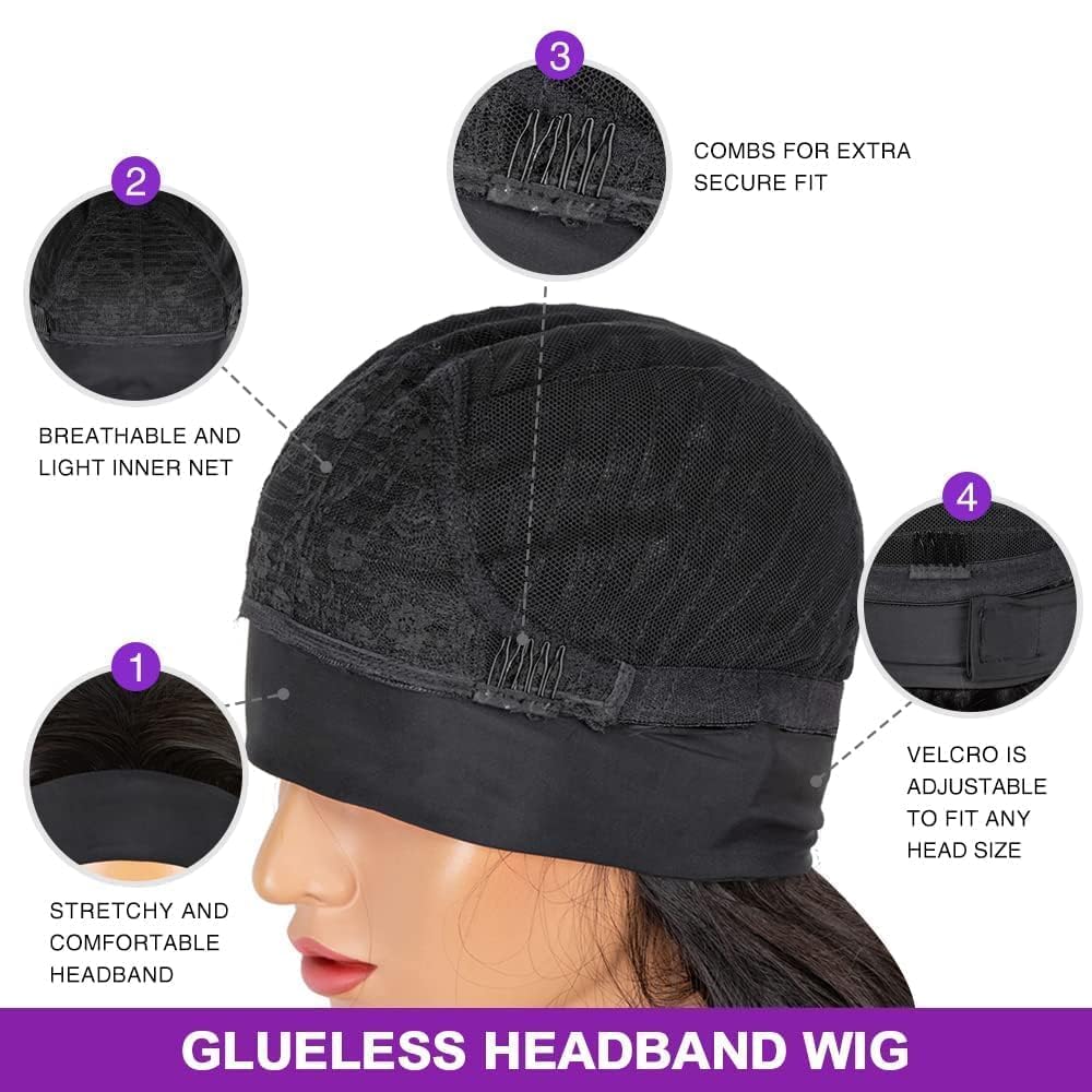 Emistar Curly Headband Wigs for Black Women Wet and Wavy Afro Headband Wig Water Wave Blend Human Hair & Synthetic Hair Ready to Go Glueless Half Wigs 180% Density (#1B, 22 Inch)