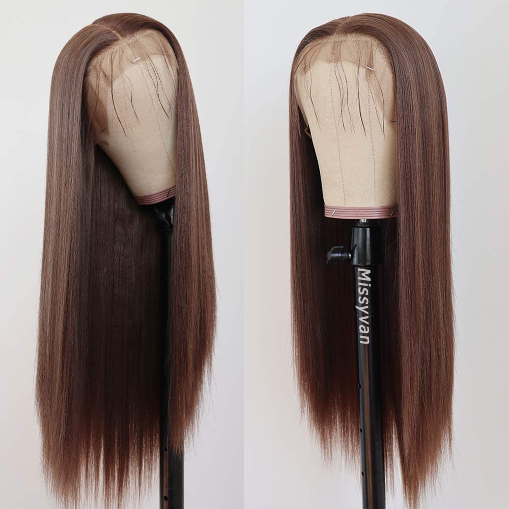 Missyvan Lace Front Wig Straight Hair Brown Color Long Wigs Glueless Heat Resistant Fiber Hair Dark Brown Synthetic Lace Front Wigs for Fashion Women