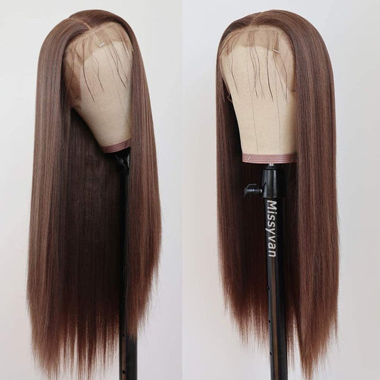 Missyvan Lace Front Wig Straight Hair Brown Color Long Wigs Glueless Heat Resistant Fiber Hair Dark Brown Synthetic Lace Front Wigs for Fashion Women