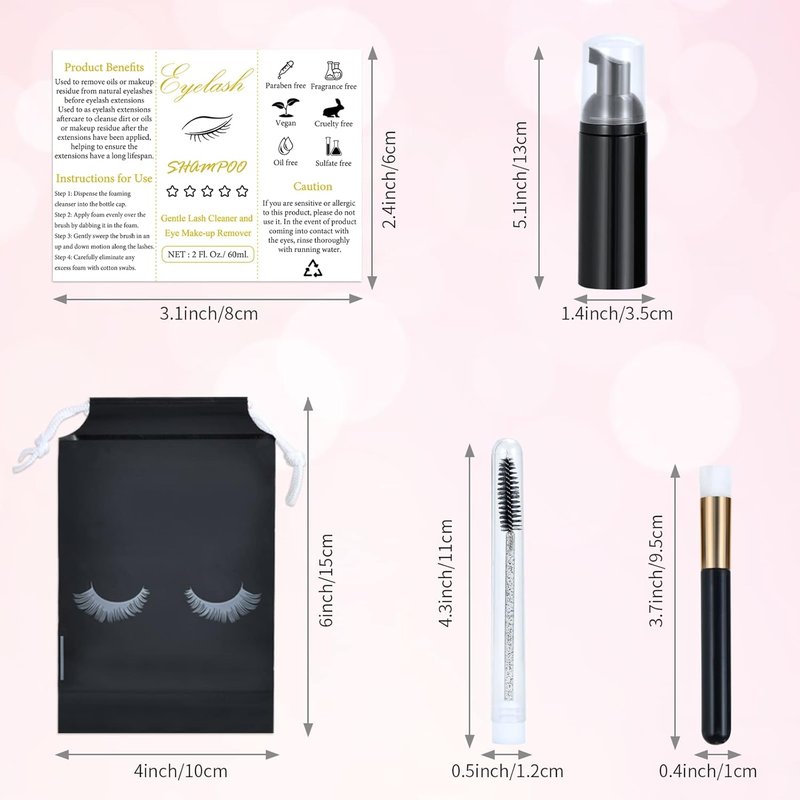 Lash Shampoo Bottle Brushes Set - 100 Pcs with Foam Pump Dispensers, Wands & Labels | Eyelash Extensions Aftercare (Black)