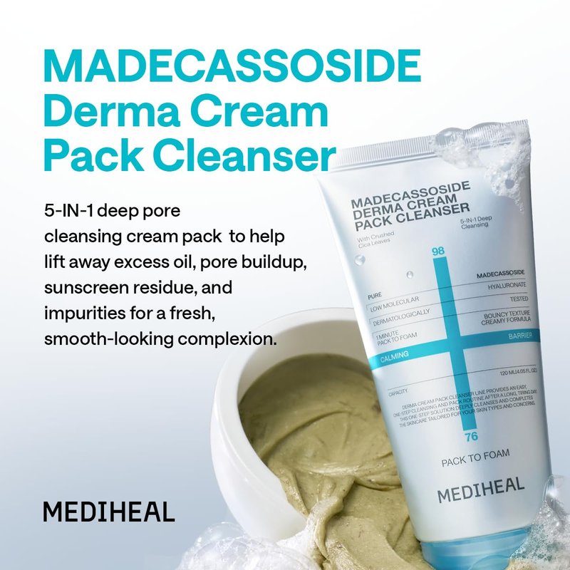 Mediheal Derma Cream Pack Cleanser [Madecassoside] - 1 Minute Mask to Foam Cleanser - Deep Cleansing & Pore Cleansing Effect - Smooth Texture Care - Hydrating & Non-Irritating Formula (4.06 fl. oz.)