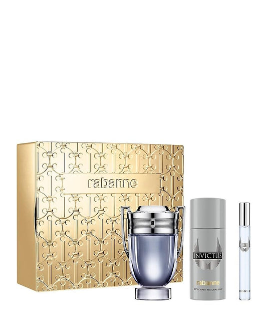 paco rabanne Invictus 3-Piece Gift Set for Men, (3.4 Oz Eau De Toilette Spray + 5.0 Oz Deodorant spray + 0.33 Oz Travel Spray)
