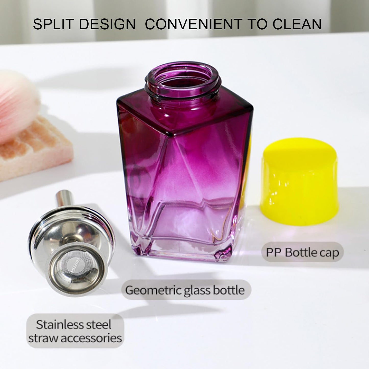 Misforu 5 Oz/ 150ml Glass Push Down Pump Dispenser Bottle With Cap Push Down Glass Empty Pump Dispenser for Alcohol Makeup Clear Refillable Bottle Hand Pumping Press Container (Purple)