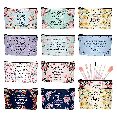 10 Pcs Christian Makeup Bag Bible Pencil Pouch Bible Cover Floral Cosmetic Bags Bulk Inspirational Religious Gifts for Women Return Christmas Church Gifts Baby Shower Prizes Canvas Makeup Bags in Bulk