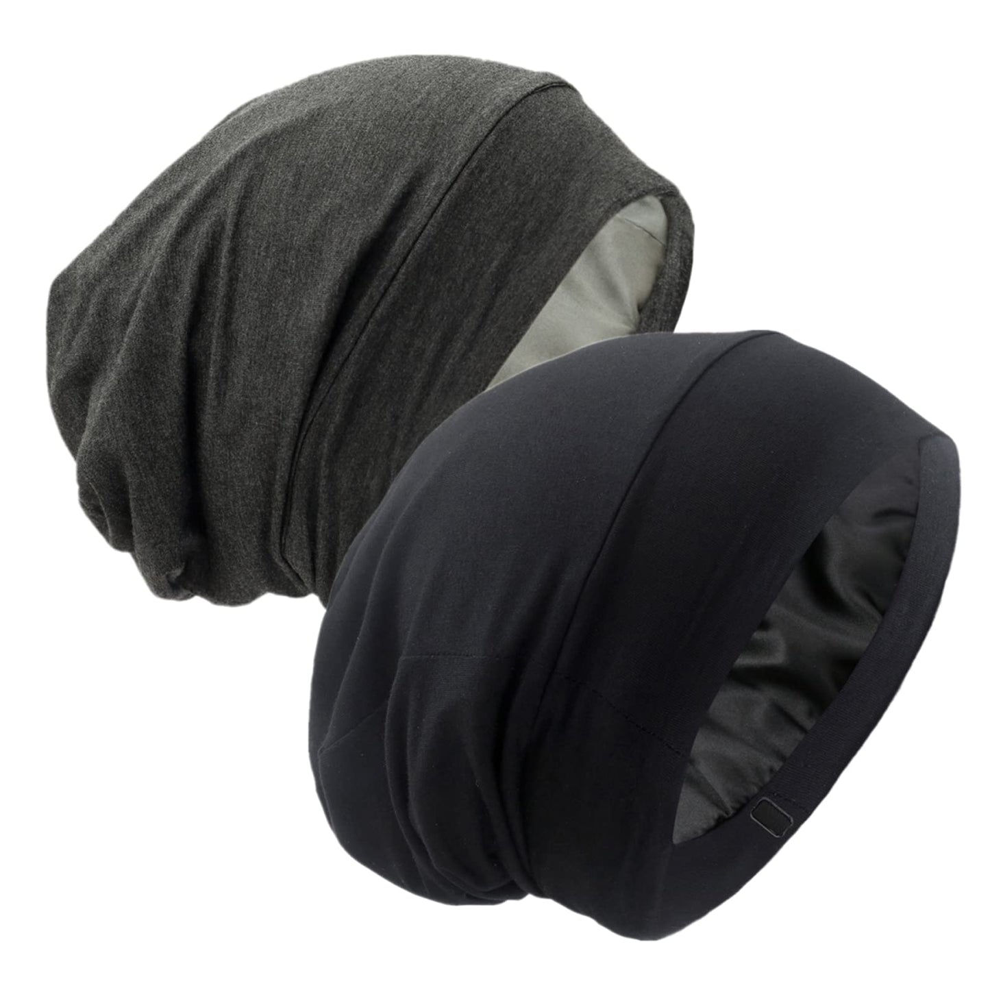 Silk Satin Lined Bonnet Sleep Cap - Adjustable Stay on All Night Hair Wrap Cover Slouchy Beanie for Curly Hair Protection for Women and Men - Black & Dark Grey