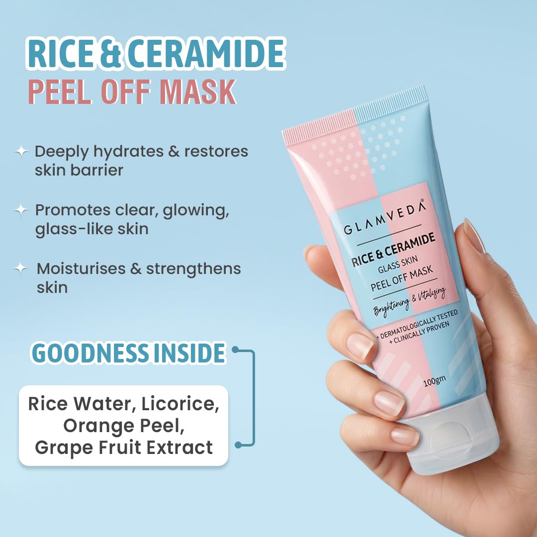 Glamveda Korean Rice & Ceramide 3 Step Skincare Routine| Face Wash, Facial Kit & Peel Off Mask | Skin Brightening & Anti Dullness | For Men and Women
