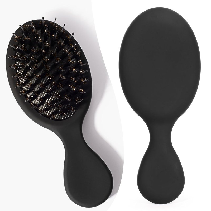 Mini Boar Bristle Hair Brush - Small Boar & Nylon Brush for Women & Kids | Travel Size for Long & Short Hair, Black