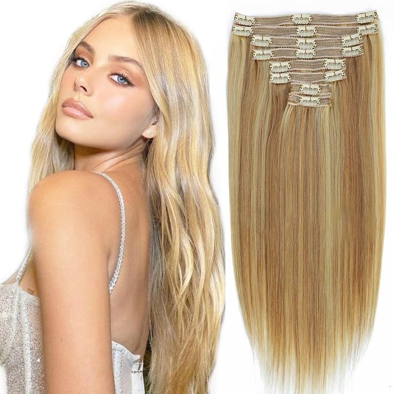 Human Hair Clip-In Extensions - Dark Blonde Highlights, Silky Straight | 14 Inch, 120g, 8pcs Natural Remy Hair