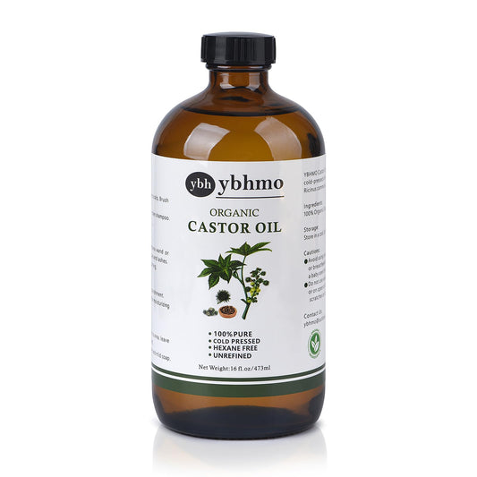 YBHMO Cold Pressed Castor Oil Organic Glass Bottle(16 Fl Oz),100% Pure ，Hexane Free for Hair Growth & Care, Castor oil pack & Moisturize Body Skin