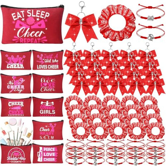 Mimorou 80 Pcs Cheer Gift Bulk for Team Cheerleader Gifts Include 20 Cheerleader Bracelet 20 Cheer Makeup Bag 20 Keychain 20 Scrunchies for Cheerleading Party Favors