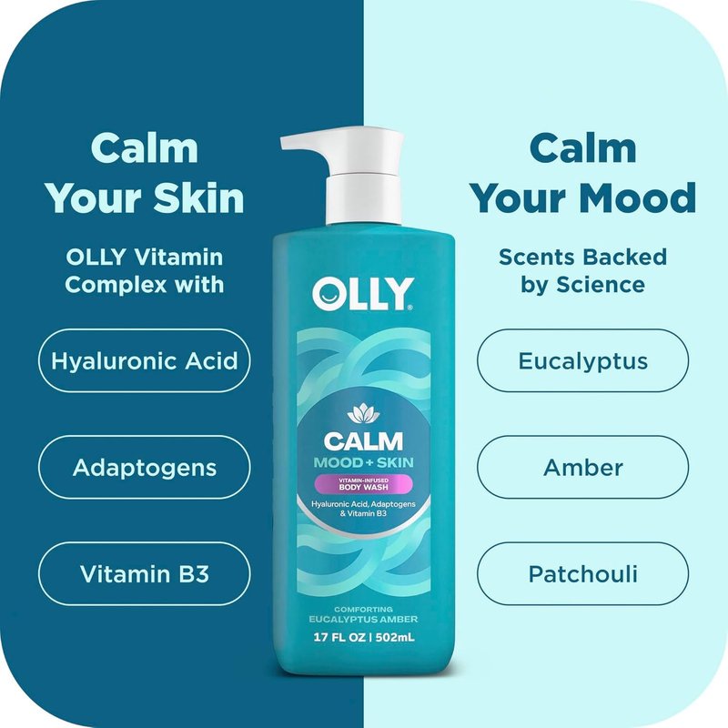 OLLY Calm Body Care Holiday Bundle - Nourishing Body Wash & Lotion-Serum with Hyaluronic Acid | Eucalyptus Amber Scent, 17oz & 8oz
