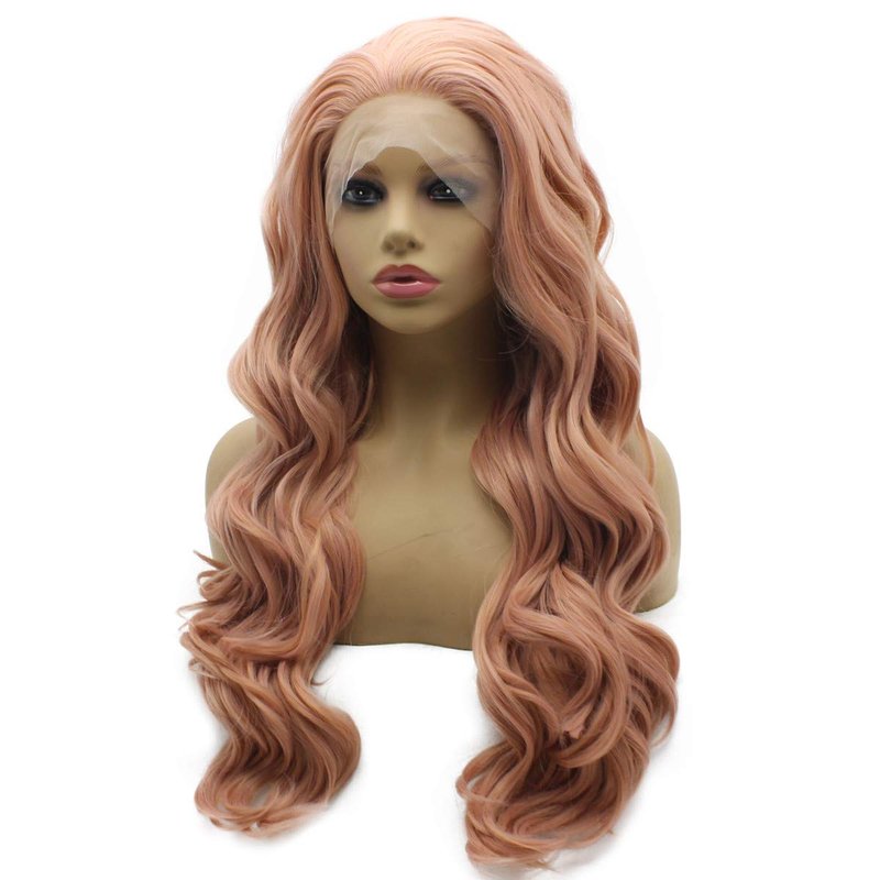 Long Wavy Peach Pink Lace Front Wig - Heat Friendly Synthetic Hair | Half Hand Tied Design