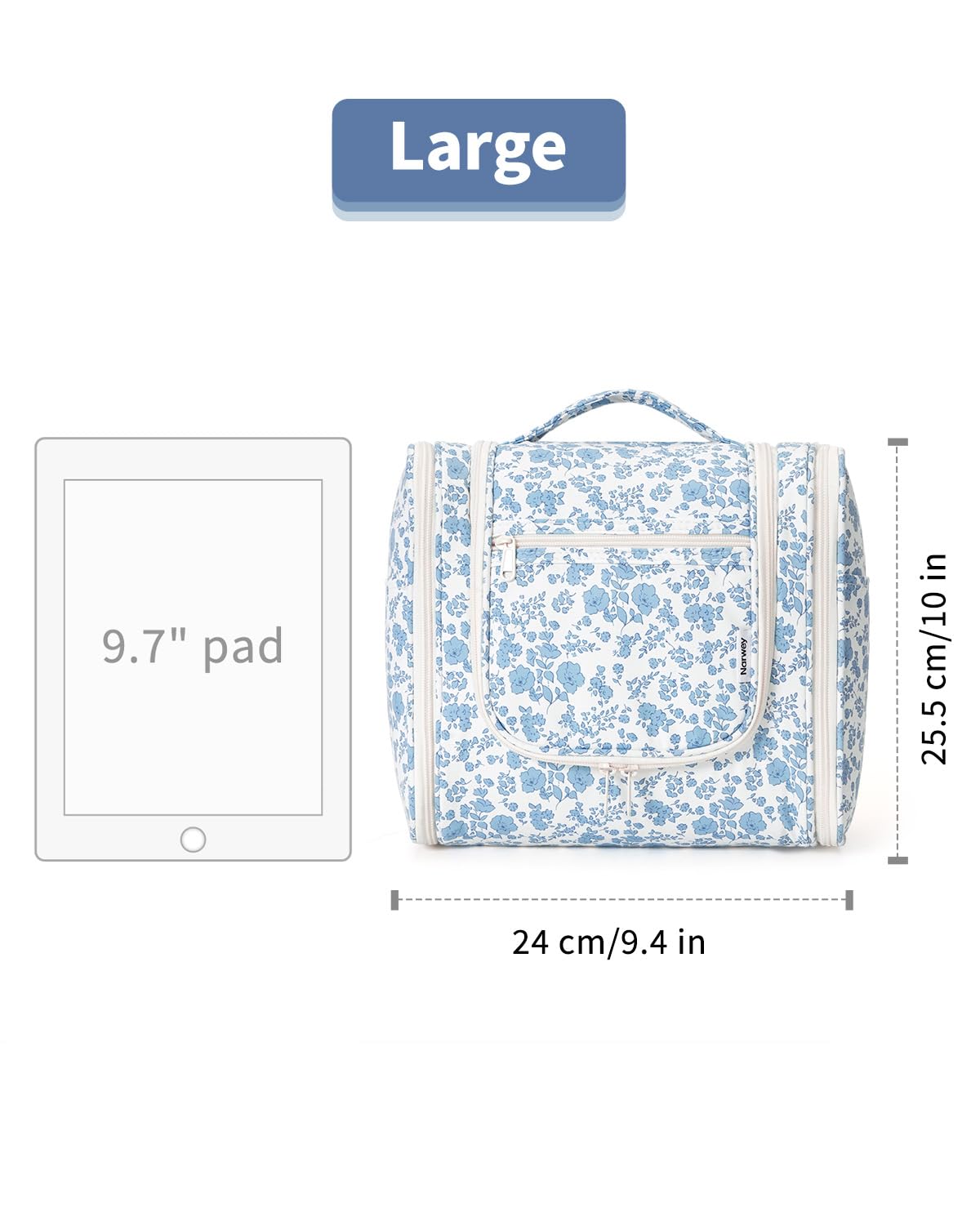 Narwey Large Hanging Toiletry Bag for Women Travel Makeup Bag Make up Organizer Toiletries Bag for Cosmetics Essentials Accessories (Large, Blue Flower)