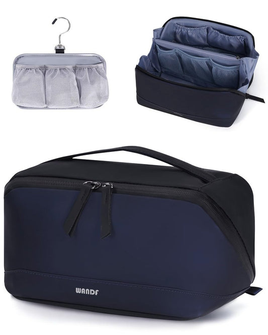 WANDF Toiletry Bag for Men, PU Leather Dopp Kit with Detachable Waterproof Hanging Pouch and Wet Pocket (Navy Blue)