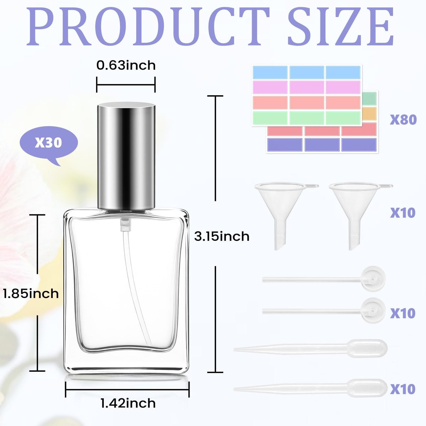 30 Pack 15 ML Glass Perfume Bottles Clear Portable Perfume Spray Bottle Empty Perfume Container Travel Refillable Mini Fine Mist Sprayer Atomizer (80 Pcs Labels, 10 Funnels, 10 Dropper, 10 Dispenser)