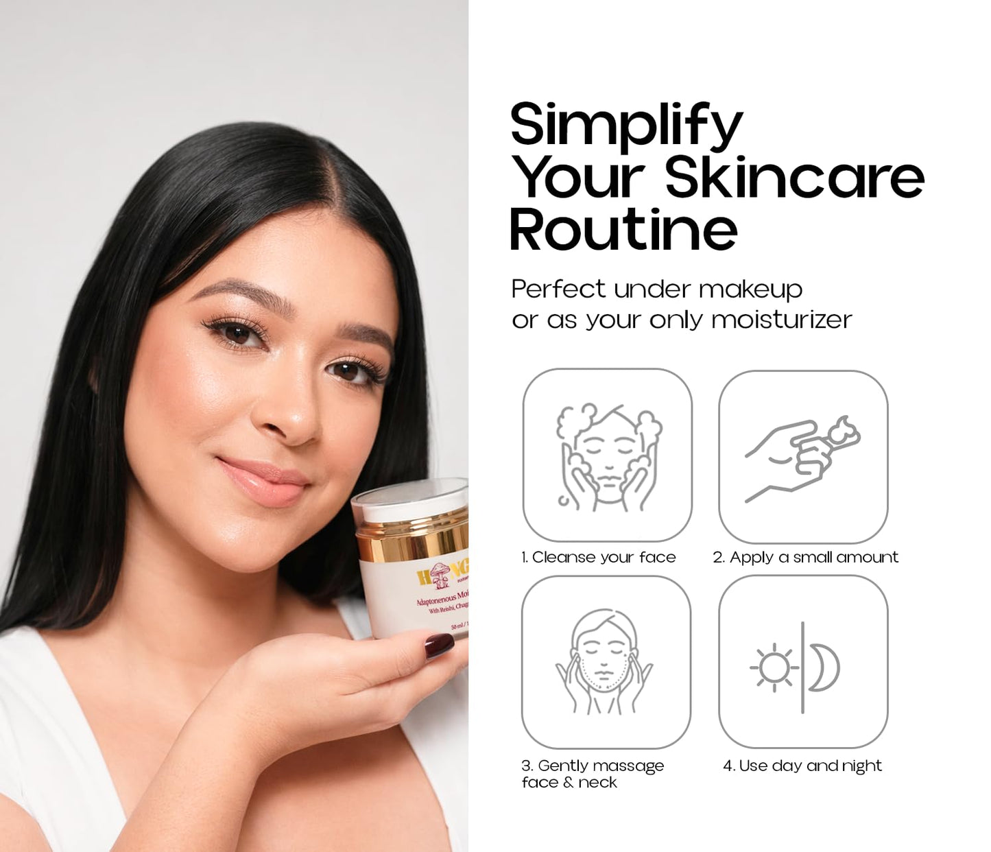 HONGUSH Natural Formula Facial Moisturizer (Reishi, Chaga, and Cordyceps) – Lightweight Daily Hydrating Face Cream for Dry and Oily Skin – Non-Greasy Moisturizer – 50 ml