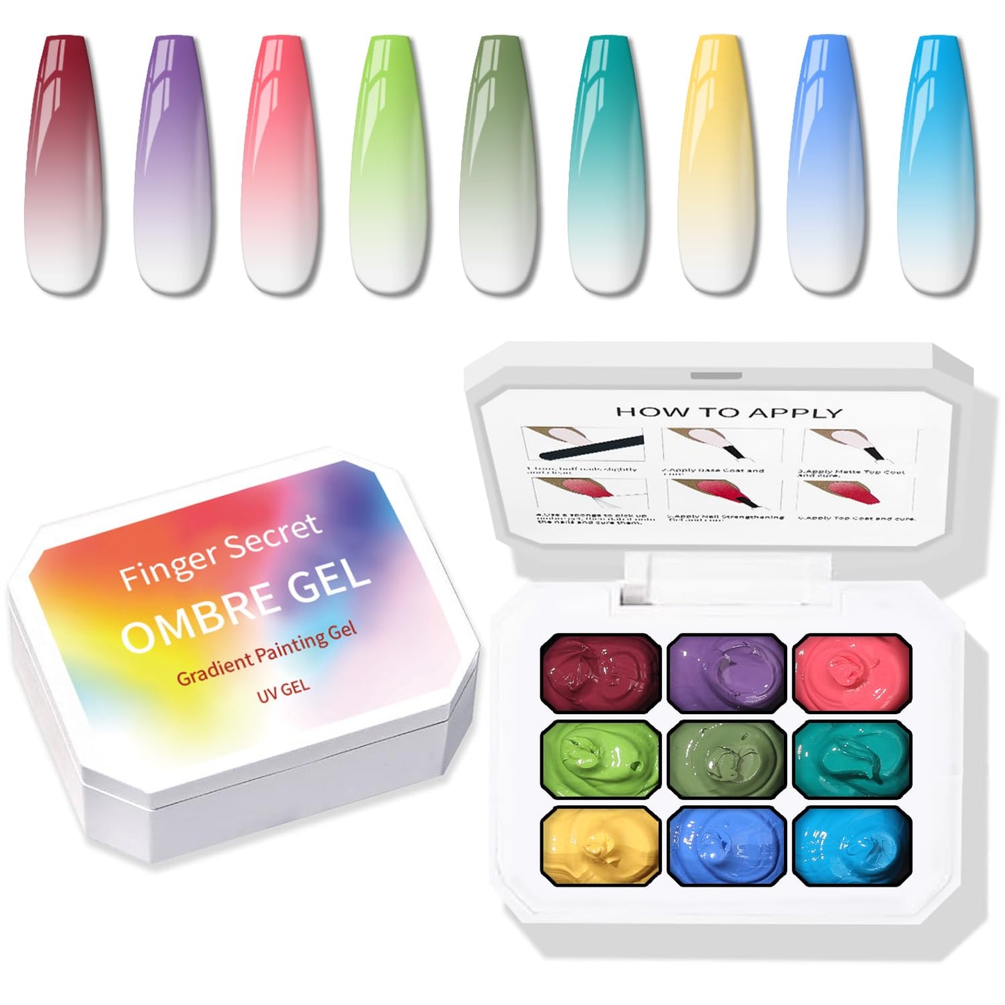 Ombre Nail Gel Set - 9 Colors Sponge Pat Paint for Floral Nail Art, No Wipe, UV/LED Curing