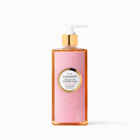 LALICIOUS Sugar Kiss® Shower Oil & Bubble Bath, Moisturizing Body Wash with Topical Probiotics & Grapeseed Oil, Multi-Use Softening Cleanser for Shower, Bath & Shaving, 10 Oz