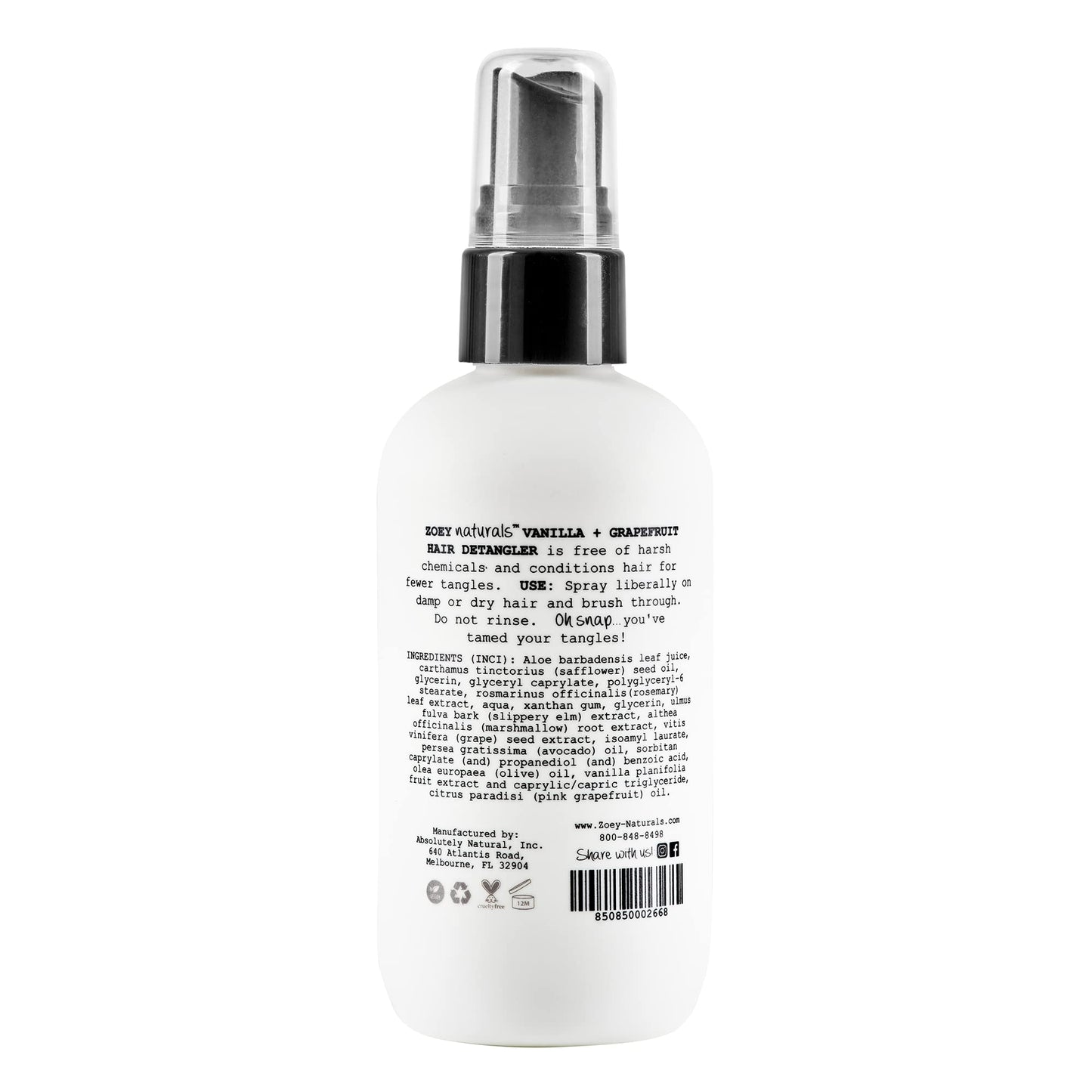 Zoey Naturals - Vanilla Grapefruit Hair Detangler Spray for Kids - Moisturizes Scalp & Fights Tangles & Dry Hair - Non-Toxic Tear-Free Leave-In Conditioner Treatment for Babies - Made in the USA, 4 Oz