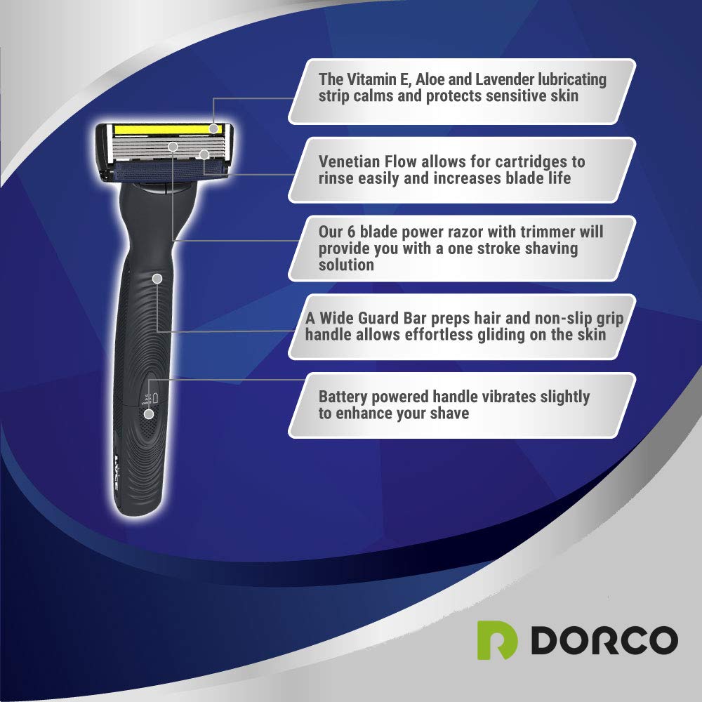 Dorco Pace 6 Plus Power Razor System - Six Blade Trimmer with 12 Cartridges | Precision Shaving