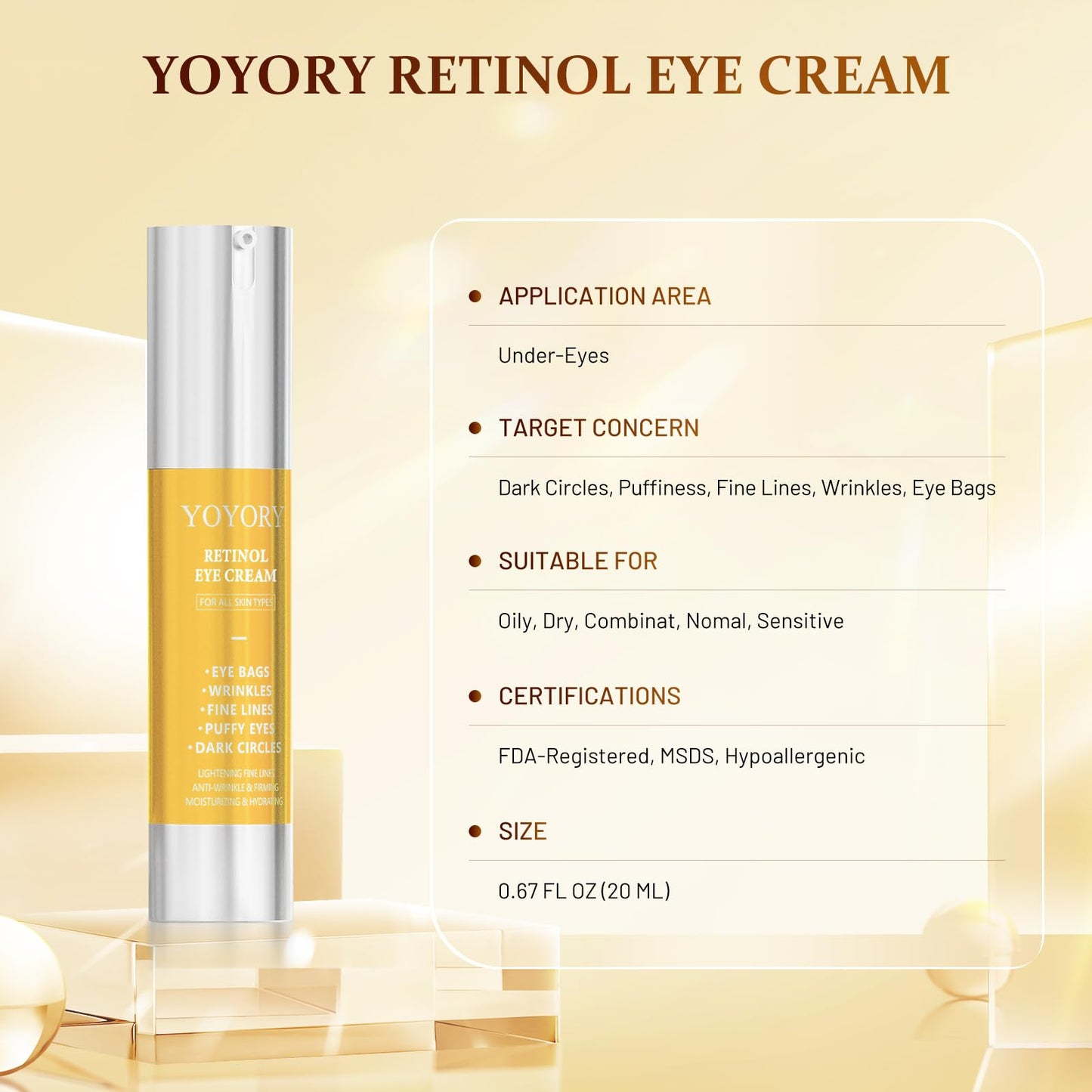 YOYORY Retinol Under Eye Cream - Anti-Aging Eye Cream for Dark Circles and Puffiness, Eye Bags, Wrinkles Fine Lines Skin Care Treatment Hydrates (20ml) Gold