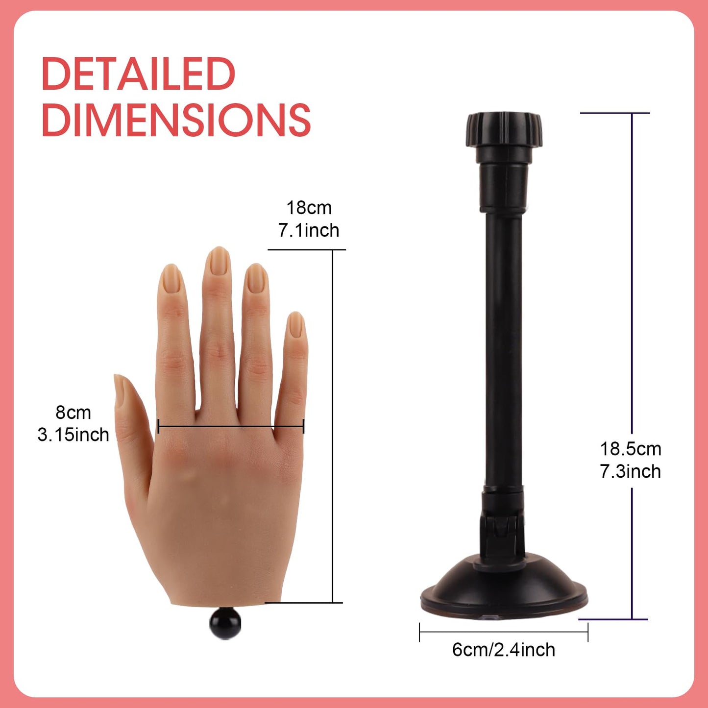 KnowU Nail Practice Hand with Suction Cup Stand, Mannequin Hand for Acrylic Nails, Professional Manicure Tool, DIY Nail Art Accessories, Flesh Tone