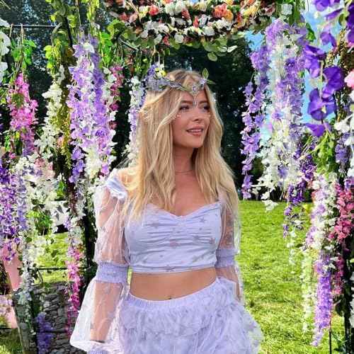 Bubbmi Fairy Costume Floral Headband, V-shape Woodland Elf Purple Flower Headpiece with Pendant for Women (ZM01PURPLE)