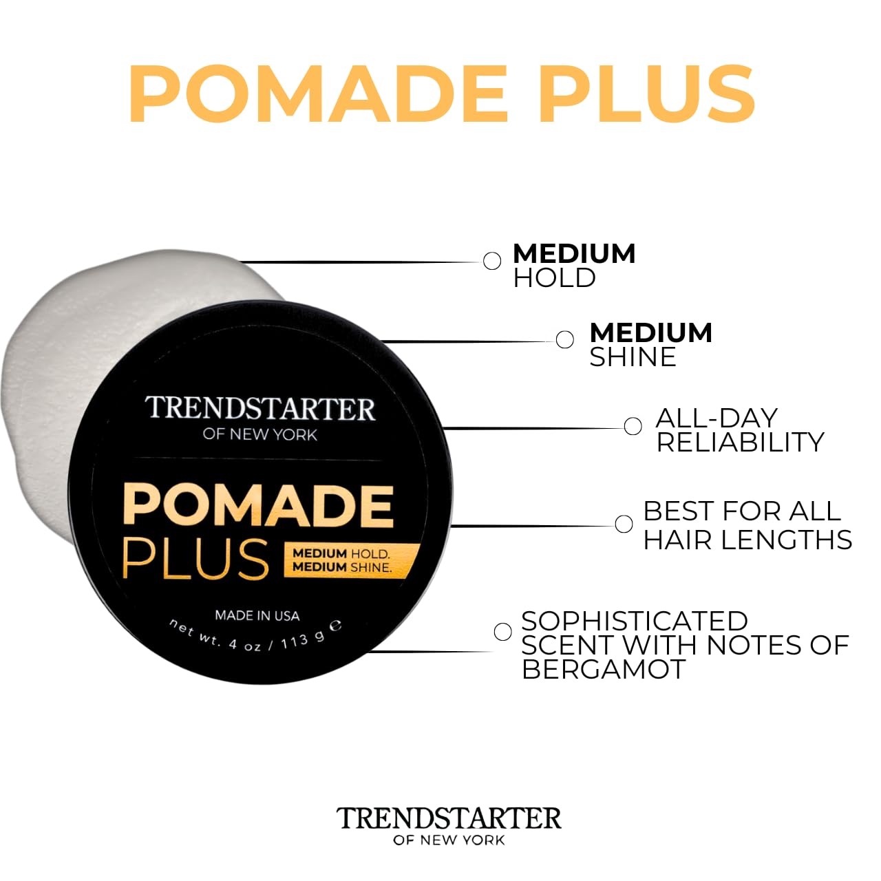 TRENDSTARTER Pomade Plus, 4 oz - Medium Hold and Shine, Premium Flake-Free Water-Based Hair Styling Gel for All Hair Types - Pack of 2 - Includes Argan Oil, Made in USA