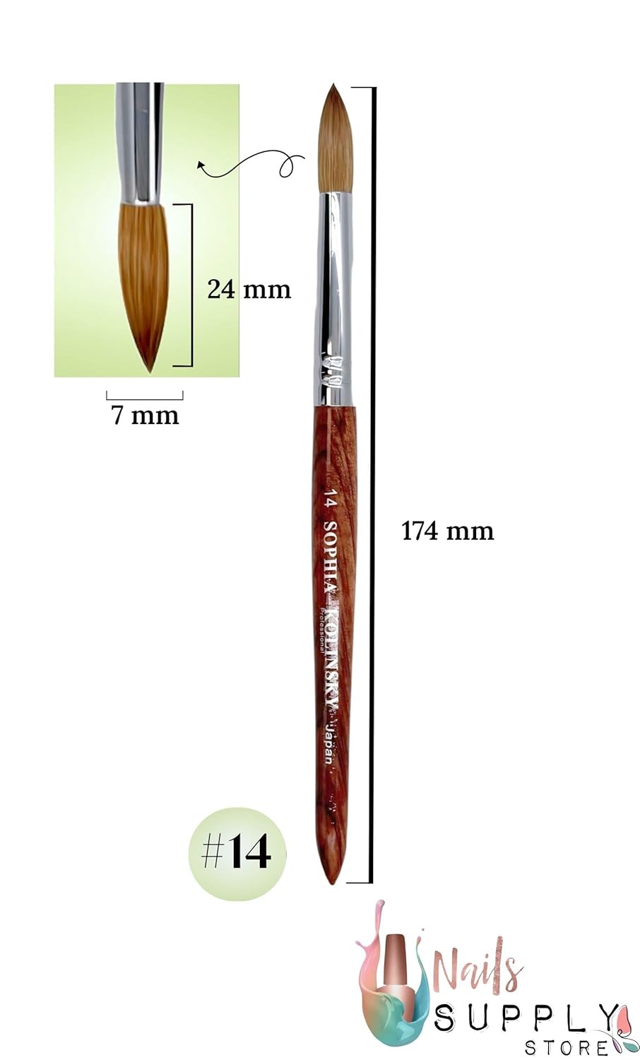 Kolinsky Acrylic Nail Brush - Round Shape with Redwood Handle | Size #6 to #22 (Choose Size #14)