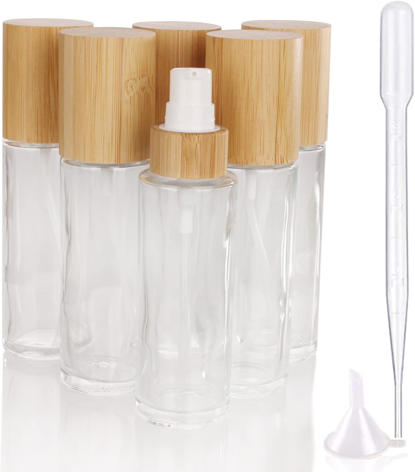 COSIDEA 6-Pack 2oz Clear Glass Bottles with Bamboo Lids - Refillable Lotion Pump Dispenser for Travel Toiletries