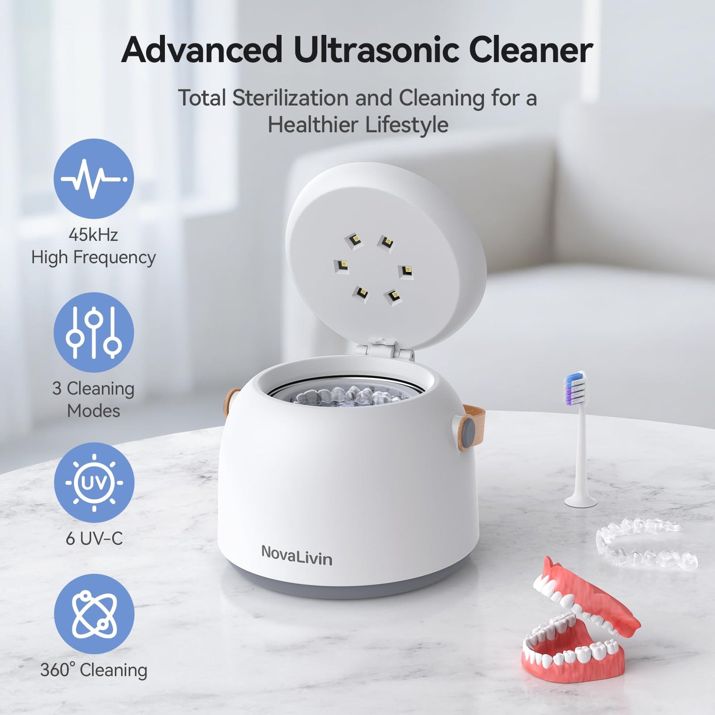Ultrasonic Retainer Cleaner, 45kHz Ultrasonic Cleaner machine 3 Modes Deep cleaning 200ml Tank with Digital Timer for Aligner, Mouth Guard, Toothbrush Heads, Braces White