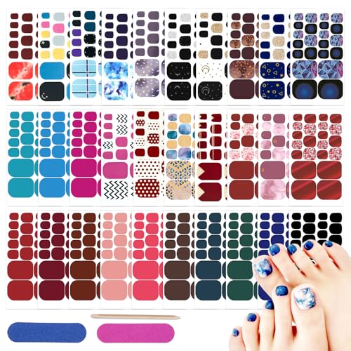 Toe Nail Stickers, DANNEASY 660pcs/30 Sheets Toenails Polish Strips Toes Nail Wraps for Women, UV Free | Self Adhesive Gel Strips Nails with 2 File, 1 Wooden Stick - Solid & Mix Design