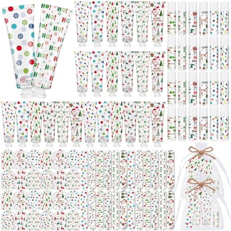 24 Sets/144 Pcs Christmas Party Favors Christmas Hand Cream Body Lotion Lip Balm Nail File Gifts Set Xmas Stocking Stuffers Travel Size Lotion Bulk Holiday Party Supplies for Coworkers Women Adults