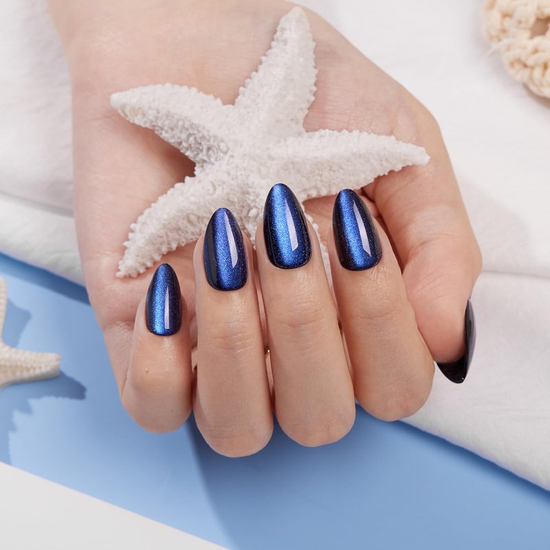 VSALON Press on Nails Short Almond - Blue Cat Eye Chrome Glue On Nails Kit for Women, Reusable Opaque Gel Stick on Nails For 4th of July with Glue & Cuticle Oil - 32 PCS Fake Nails in 16 Sizes