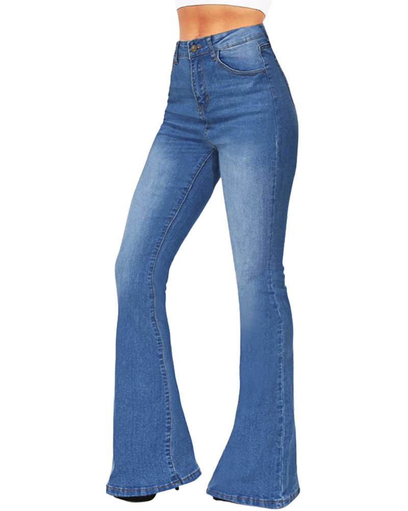 BISUAL Women's Fashion High Rise Jeans Slimming Wide Leg Stretch Denim Flare Bellbottom Jeans (Light Blue, US 8)