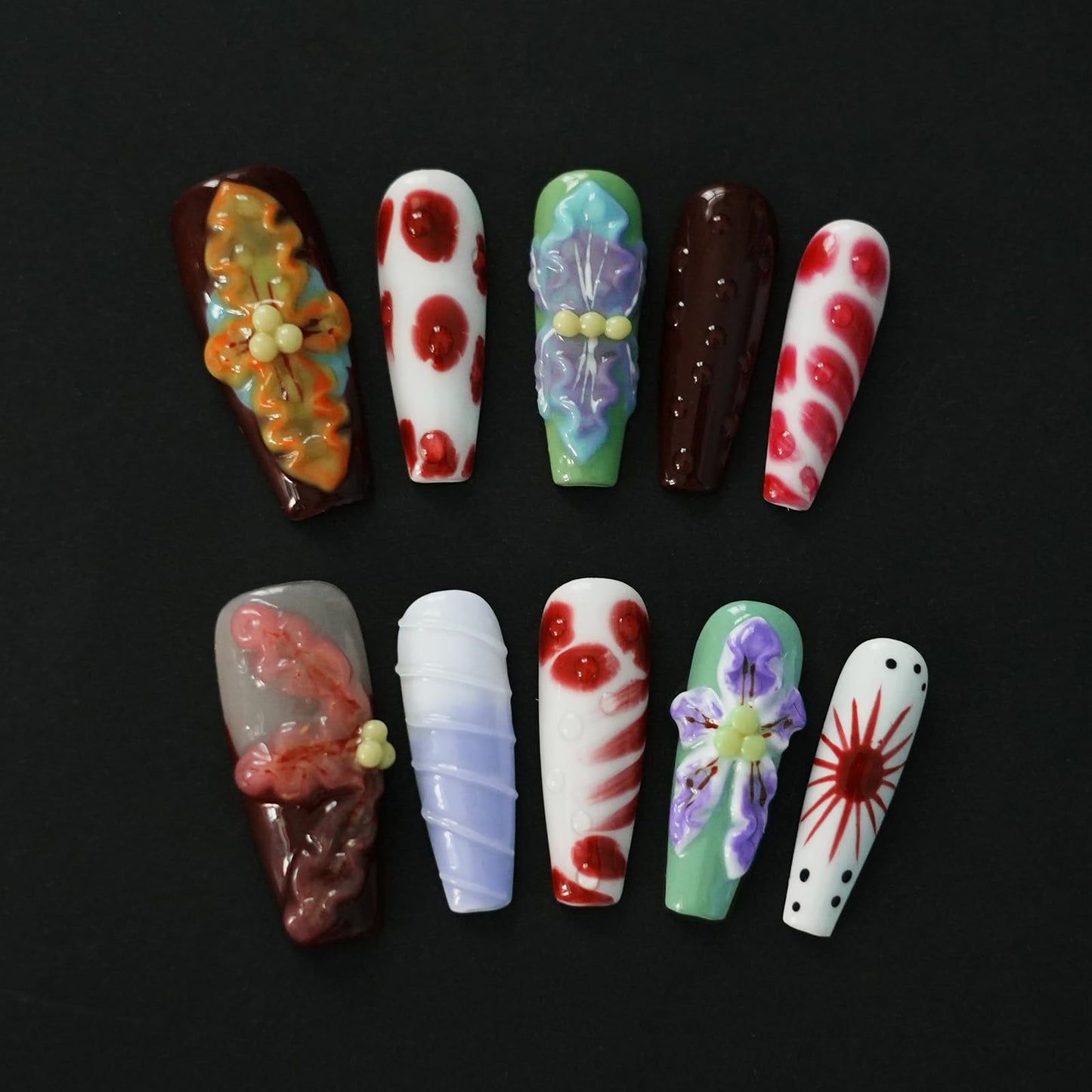 Tesytto Long Coffin Press On Nails with 3D Floral Design - Summer Multicolor Thick Luxury False Nails Reusable Acrylic Nails (Summer Stories,L)