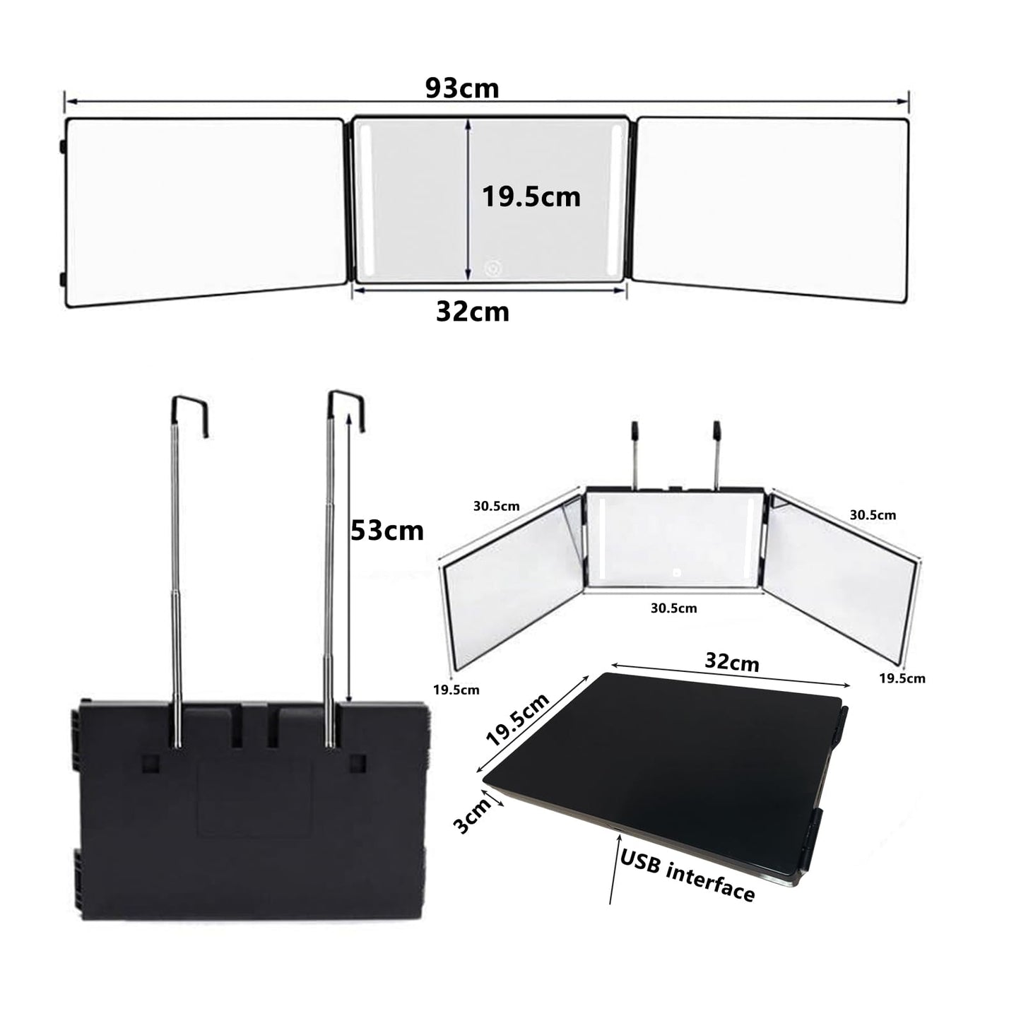 IUDLHKK 3 Way Trifold Mirror with Adjustable Height Brackets - Perfect for Haircuts, Dyeing Hair & Makeup - 5X Magnification (Black with LED)