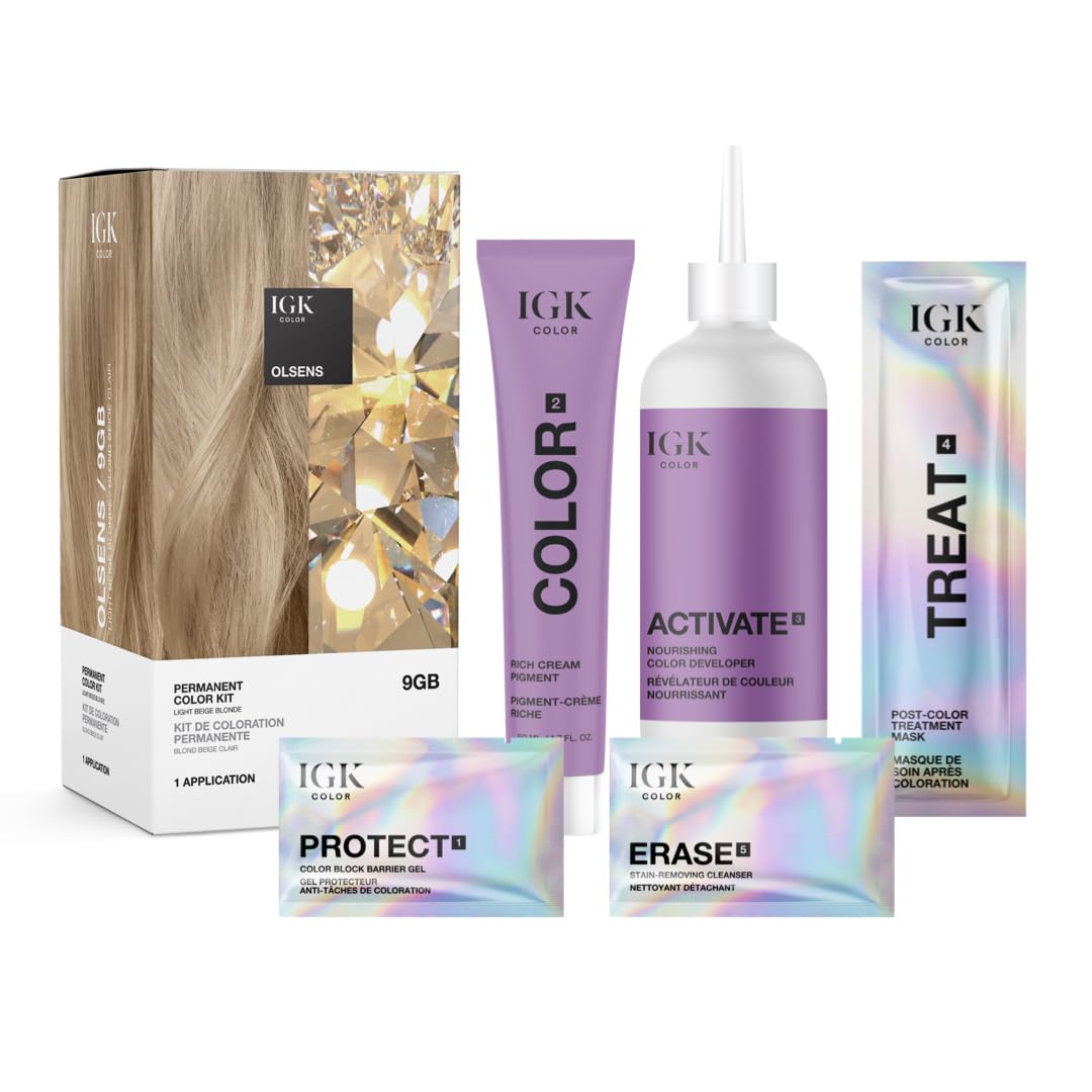 IGK Permanent Hair Dye Color Kit | 9GB Olsens - Light Beige Blonde | 100% Gray Color Coverage + Strengthen + Shine | Ammonia Free